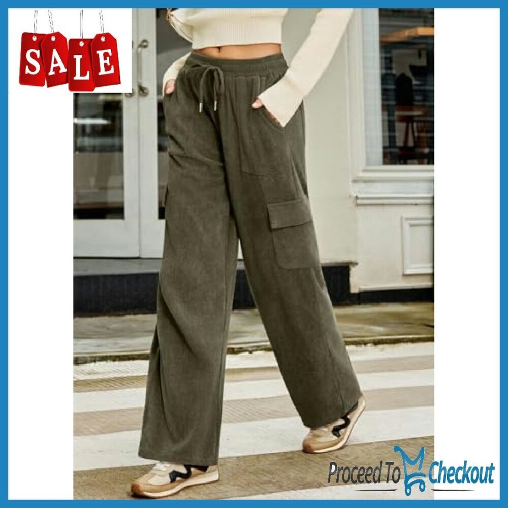 Corduroy Cargo Pants High Waist Wide Leg Loose Fit Drawstring - Picture 3 of 8